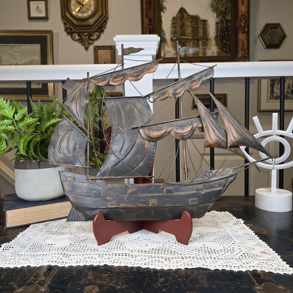 Vintage Metal Tall Ship Model Sculpture Galleon Nautical Maritime Coastal Decor